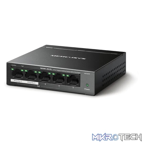 TP-Link Mercusys MS105GP 5-Port Gigabit Desktop Switch with 4-Port PoE+ TP-Link Mercusys MS105GP 5-Port Gigabit Desktop Switch with 4-Port PoE+