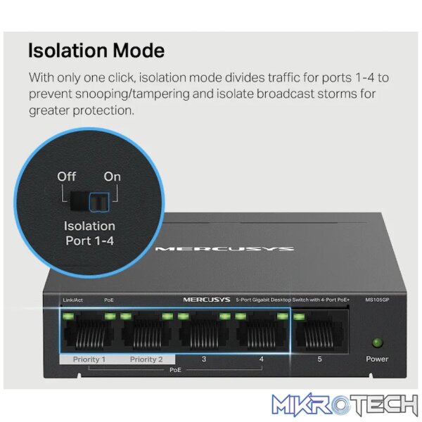 TP-Link Mercusys MS105GP 5-Port Gigabit Desktop Switch with 4-Port PoE+ - Image 8