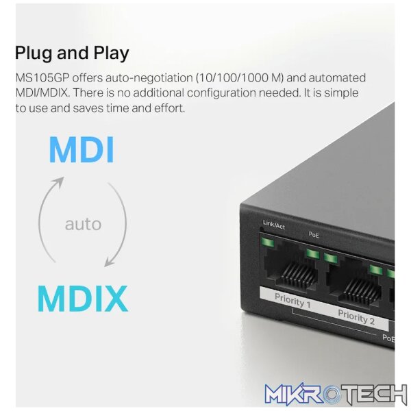 TP-Link Mercusys MS105GP 5-Port Gigabit Desktop Switch with 4-Port PoE+ - Image 9