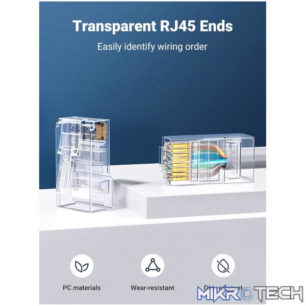 UGreen Cat6 RJ45 Modular Plugs (50 Pcs)–Transparent with Gold Contacts - Image 3