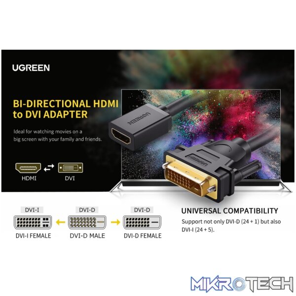 UGreen DVI to HDMI Cable Adapter 15cm | Male to Female | 1080p Full HD – Black - Image 4