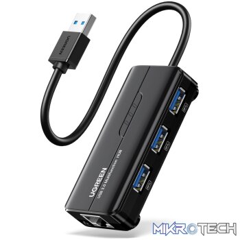UGreen USB Type-A Male to Ethernet Adapter with 3-Port USB Hub – Black