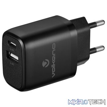Volkano Cupla Series 5v/2.4a 12w Dual USB-A & USB-C Wall Charger - Black