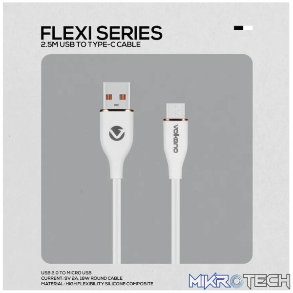 Volkano Flexi Series USB to Micro USB 2.5m 18w - White - Image 2