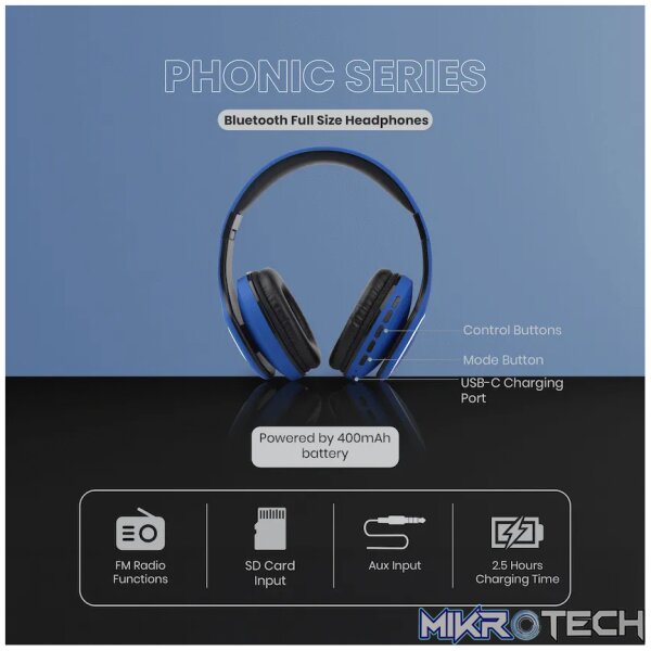 Volkano Phonic Series Bluetooth Full Size Headphones - Blue - Image 6