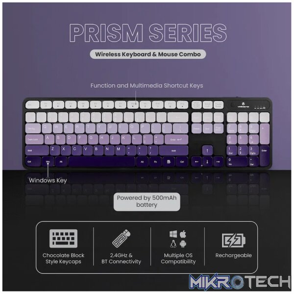 Volkano Prism Series Bluetooth Wireless Keyboard and Mouse - Purple - Image 3