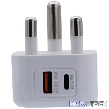 Volkano Robust Series 3-Pin SA to 20w PD + QC 3.0 Wall Charger