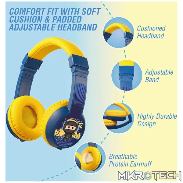 Volkano Sidekick Series Wired Kiddies Headphones with Share Port - Yellow/Blue - Image 7