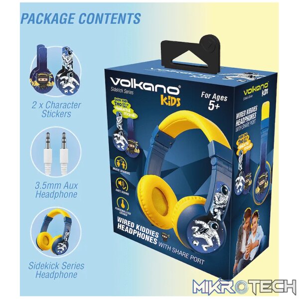 Volkano Sidekick Series Wired Kiddies Headphones with Share Port - Yellow/Blue - Image 10
