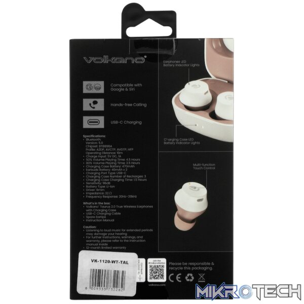 Volkano Taurus Series 2.0 True Wireless Earphones - White - Image 15