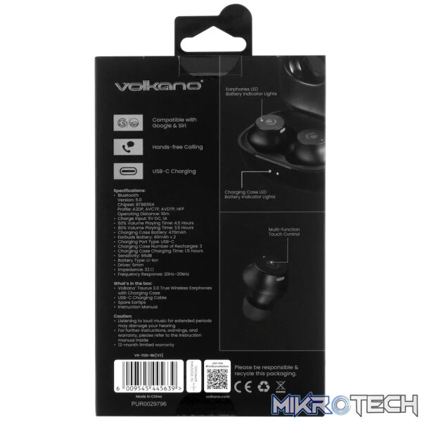 Volkano Taurus Series 2.0 True Wireless Earphones with Charging Case - Black - Image 14