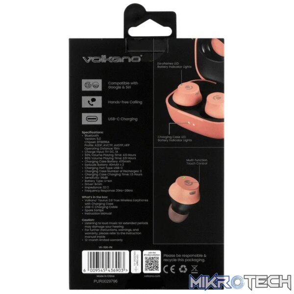 Volkano Taurus Series 2.0 True Wireless Earphones with Charging Case - Pink - Image 9