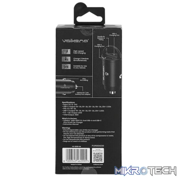 Volkano Veilix Series 45w PD Dual USB-A and USB-C Ultra Small Car Charger - Black - Image 4