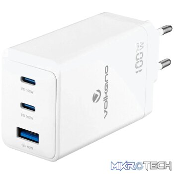 Volkano WattPro Series Triple Port 100W GanN Wall Charger - White
