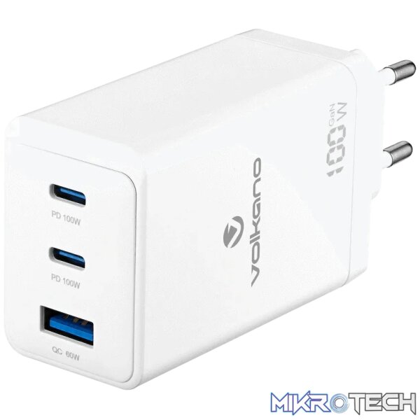 Volkano WattPro Series Triple Port 100W GanN Wall Charger - White Volkano WattPro Series Triple Port 100W GanN Wall Charger - White