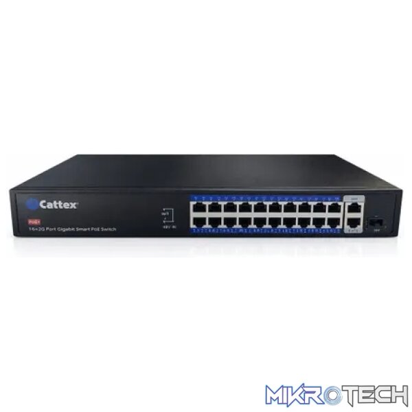Cattex 24 Port 1GE PoE Switch with 2 x RJ45 1GE and 1 x 1GE SFP Uplink Cattex 24 Port 1GE PoE Switch with 2 x RJ45 1GE and 1 x 1GE SFP Uplink