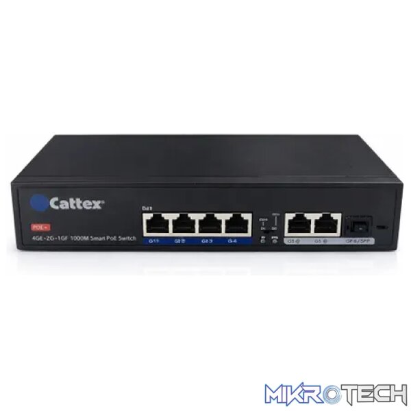 Cattex 4 Port 1GE PoE Switch with 2 x RJ45 1GE and 1 x 1GE SFP Uplink Cattex 4 Port 1GE PoE Switch with 2 x RJ45 1GE and 1 x 1GE SFP Uplink