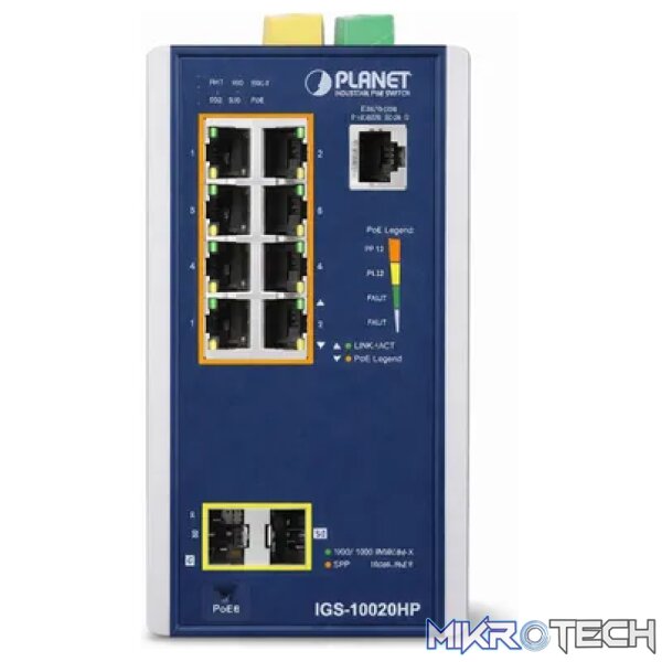 Planet Industrial 8-port 10/100/1000T 802.3at PoE + 2-port 1G/2.5G SFP Managed Switch - Image 4
