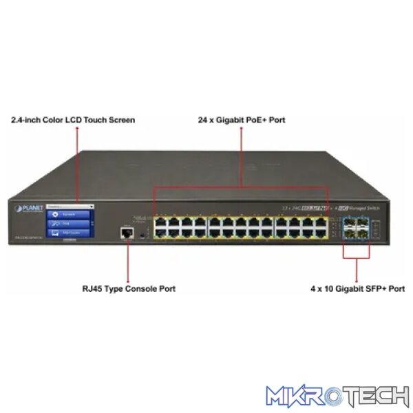 Planet L2+ 24-Port 10/100/1000T 802.3at PoE + 4-Port 10G SFP+ Managed Switch with LCD Touch Screen (400W) - Networking XV - Image 3