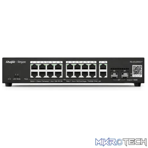 Reyee 16 Port 1GE PoE Switch with 2 x RJ45 1GE Uplinks and 2 x SFP 1GE Uplinks - Image 2